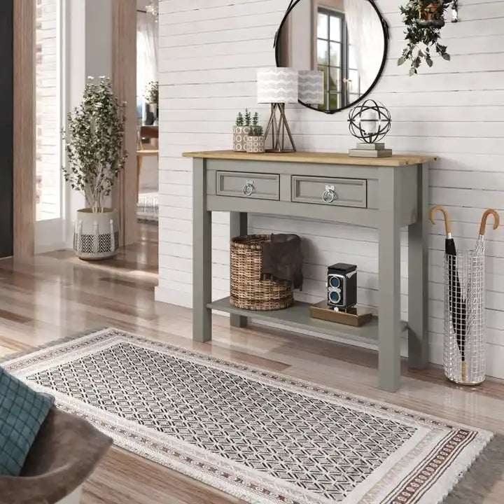 White Wash / Antique Brown / Gray / Unpainted Rustic 2-Drawer Console Table, 1-Person Assembly