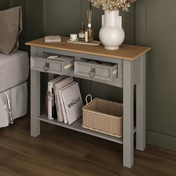White Wash / Antique Brown / Gray / Unpainted Rustic 2-Drawer Console Table, 1-Person Assembly