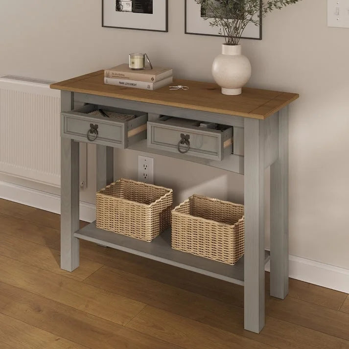 White Wash / Antique Brown / Gray / Unpainted Rustic 2-Drawer Console Table, 1-Person Assembly