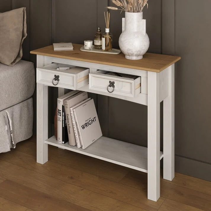 White Wash / Antique Brown / Gray / Unpainted Rustic 2-Drawer Console Table, 1-Person Assembly