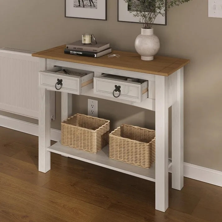 White Wash / Antique Brown / Gray / Unpainted Rustic 2-Drawer Console Table, 1-Person Assembly
