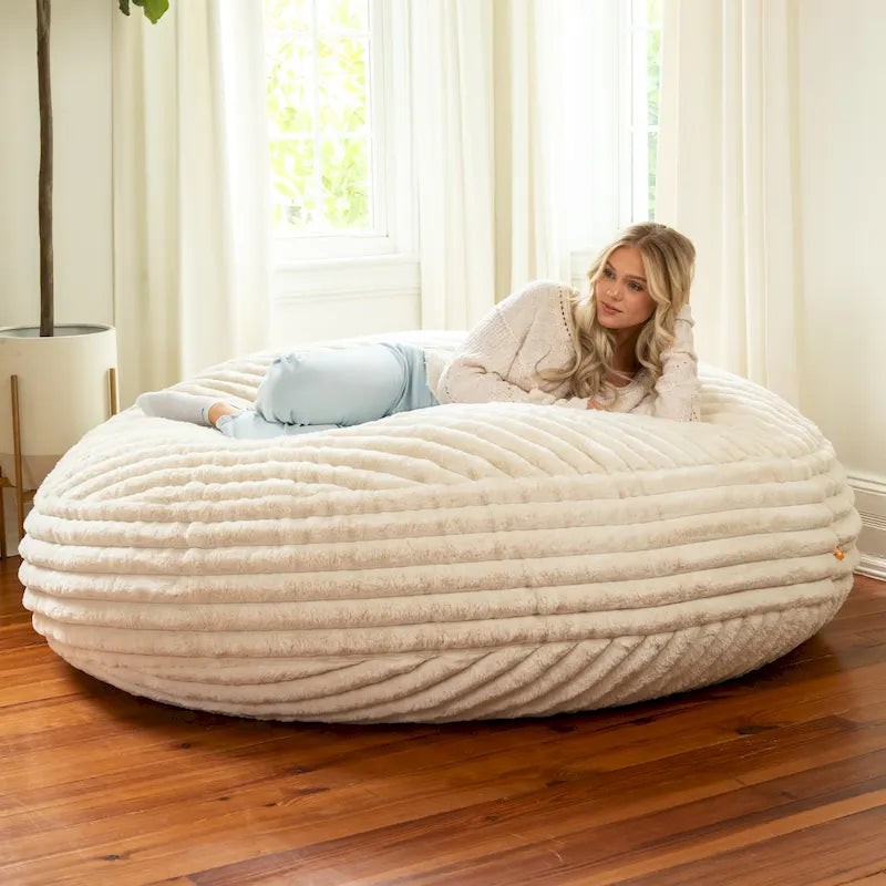 Ivory/Black/Grey/Midnight Blue Faux Fur Round Bean Bag Chair & Lounger, 1-2 Person