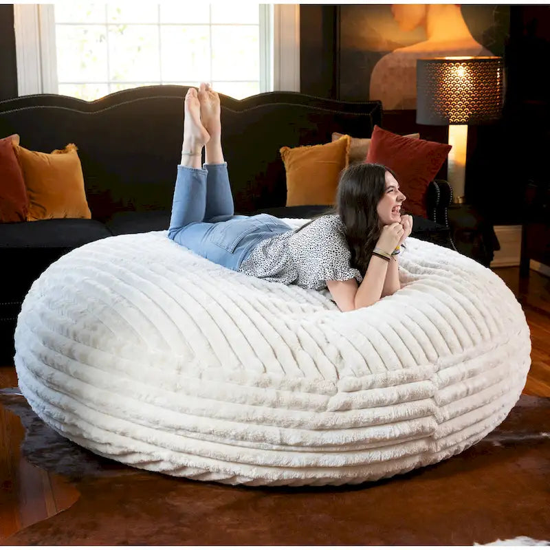 Ivory/Black/Grey/Midnight Blue Faux Fur Round Bean Bag Chair & Lounger, 1-2 Person