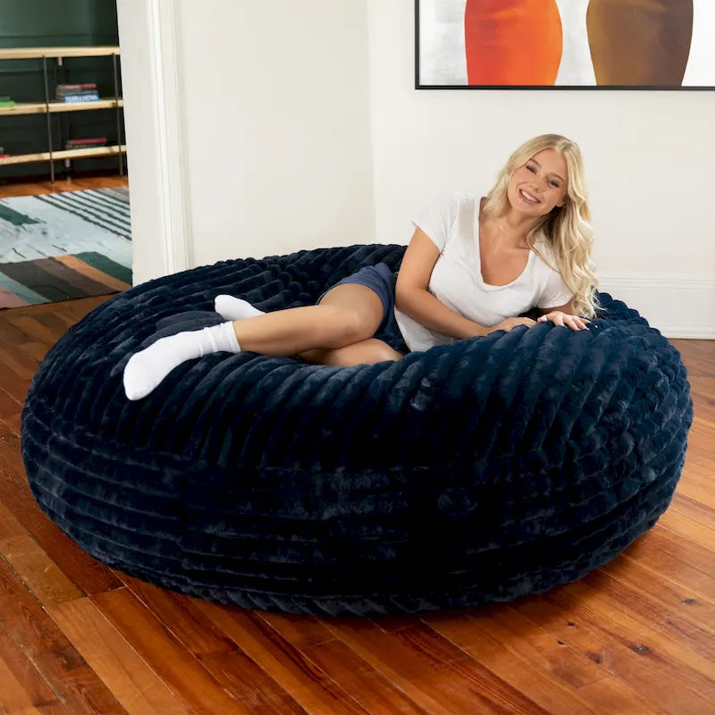 Ivory/Black/Grey/Midnight Blue Faux Fur Round Bean Bag Chair & Lounger, 1-2 Person