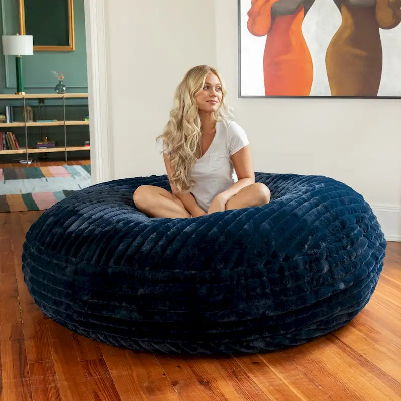 Ivory/Black/Grey/Midnight Blue Faux Fur Round Bean Bag Chair & Lounger, 1-2 Person