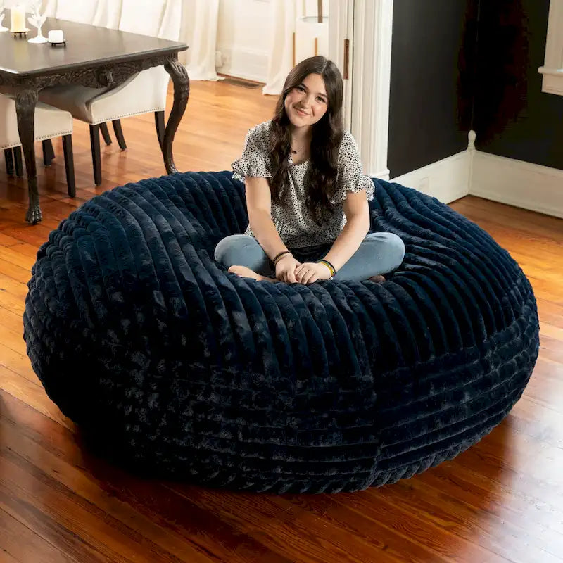 Ivory/Black/Grey/Midnight Blue Faux Fur Round Bean Bag Chair & Lounger, 1-2 Person