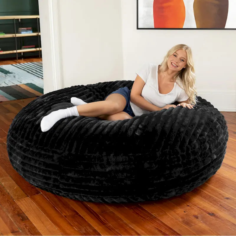 Ivory/Black/Grey/Midnight Blue Faux Fur Round Bean Bag Chair & Lounger, 1-2 Person