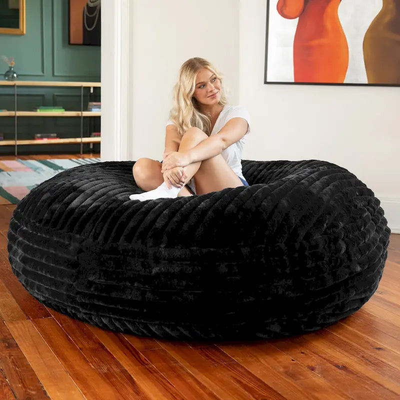 Ivory/Black/Grey/Midnight Blue Faux Fur Round Bean Bag Chair & Lounger, 1-2 Person