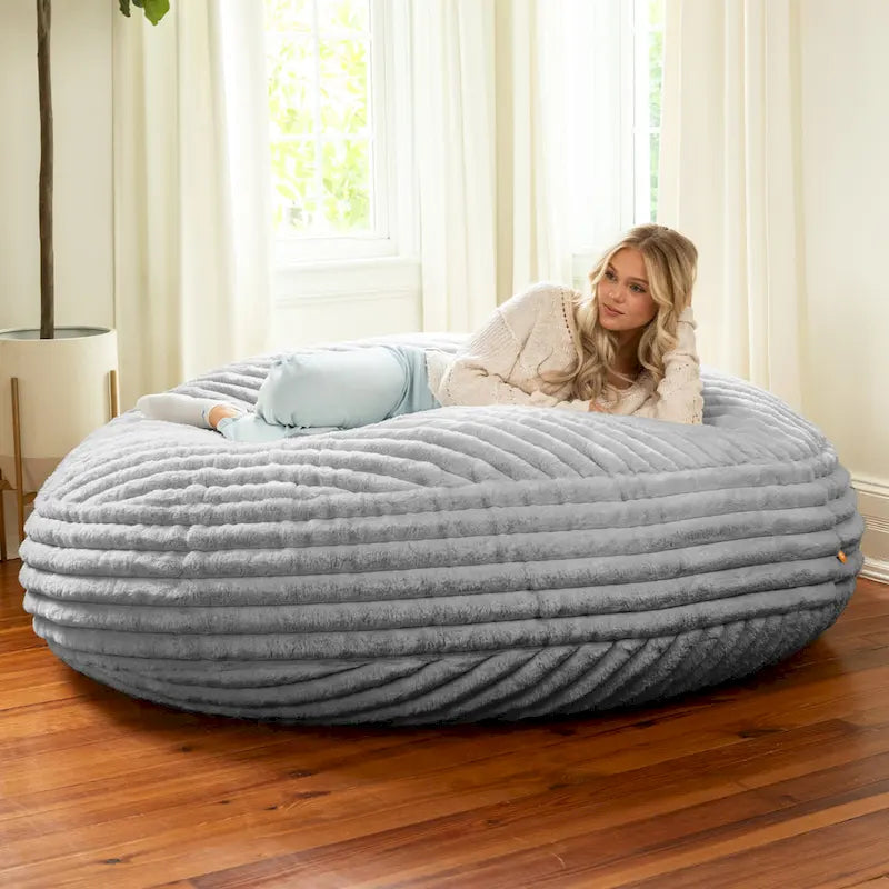 Ivory/Black/Grey/Midnight Blue Faux Fur Round Bean Bag Chair & Lounger, 1-2 Person