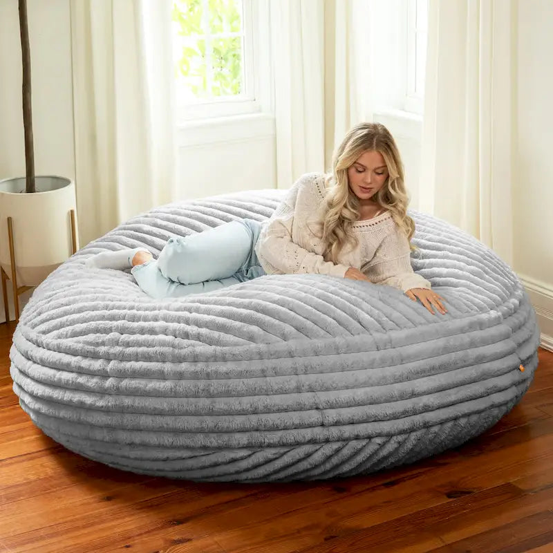 Ivory/Black/Grey/Midnight Blue Faux Fur Round Bean Bag Chair & Lounger, 1-2 Person