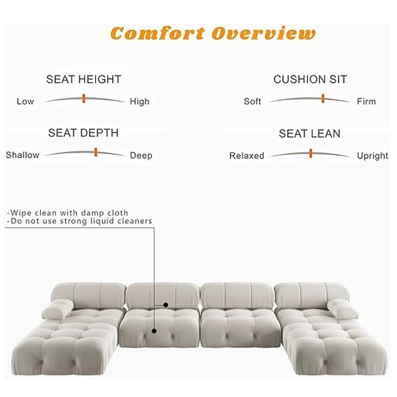 Beige / Orange / Green Velvet U-Shape Modular Sectional Sofa, 4-Seat with 2 Ottomans