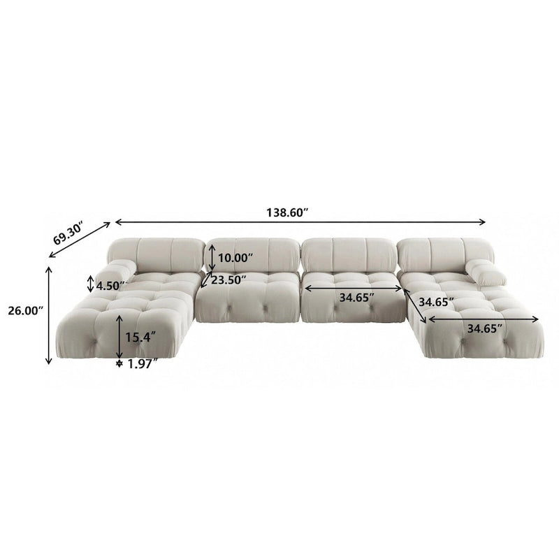 Beige / Orange / Green Velvet U-Shape Modular Sectional Sofa, 4-Seat with 2 Ottomans