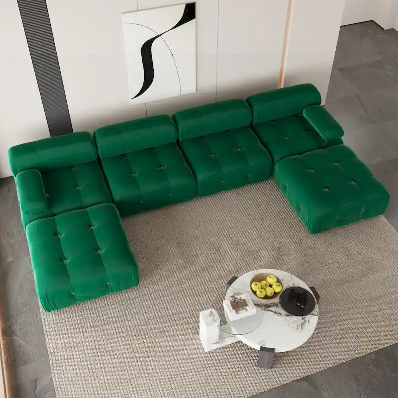 Beige / Orange / Green Velvet U-Shape Modular Sectional Sofa, 4-Seat with 2 Ottomans