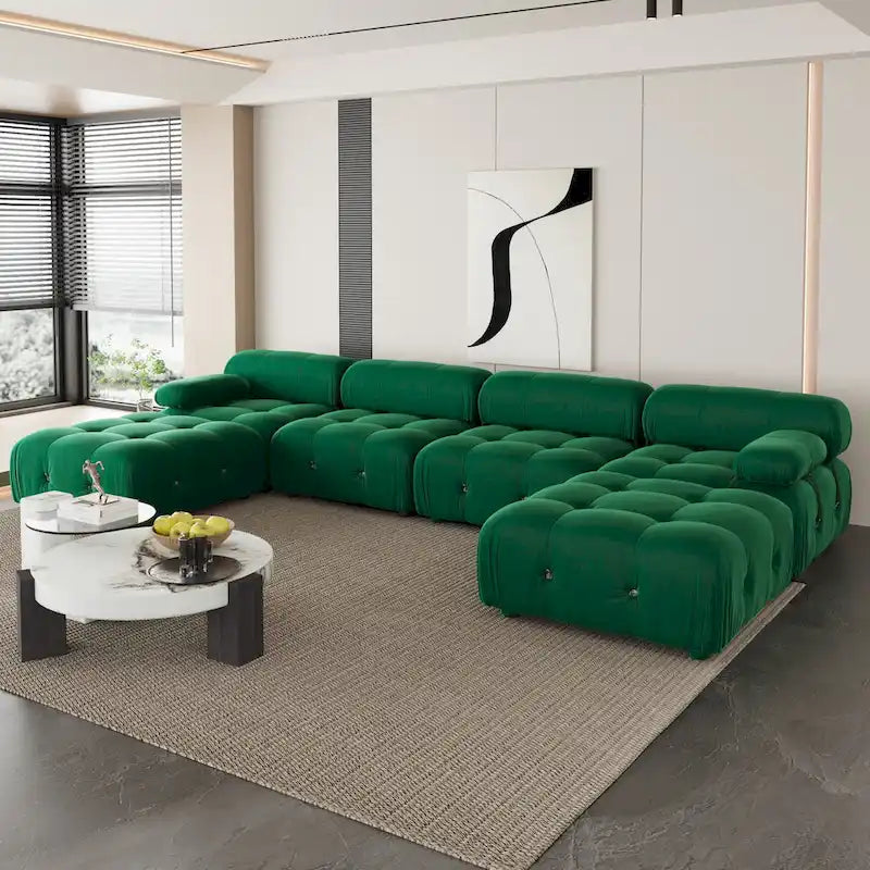 Beige / Orange / Green Velvet U-Shape Modular Sectional Sofa, 4-Seat with 2 Ottomans