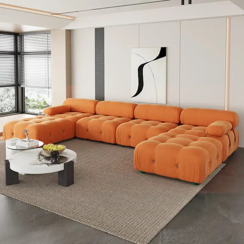 Beige / Orange / Green Velvet U-Shape Modular Sectional Sofa, 4-Seat with 2 Ottomans