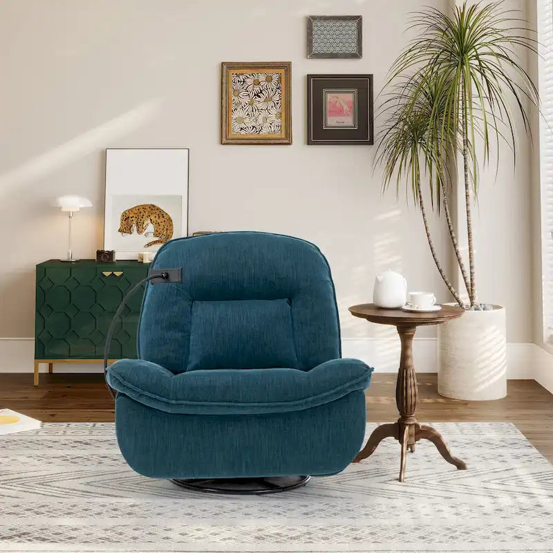Brown/Blue/Beige/Green Chenille Swivel Power Recliner with Phone Holder, Single