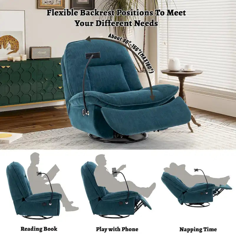 Brown/Blue/Beige/Green Chenille Swivel Power Recliner with Phone Holder, Single