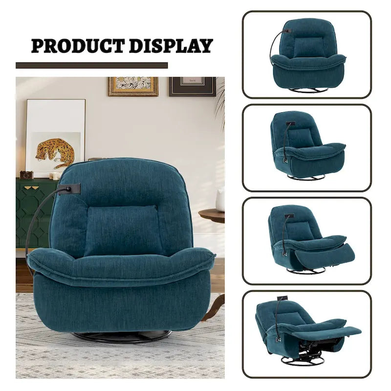 Brown/Blue/Beige/Green Chenille Swivel Power Recliner with Phone Holder, Single