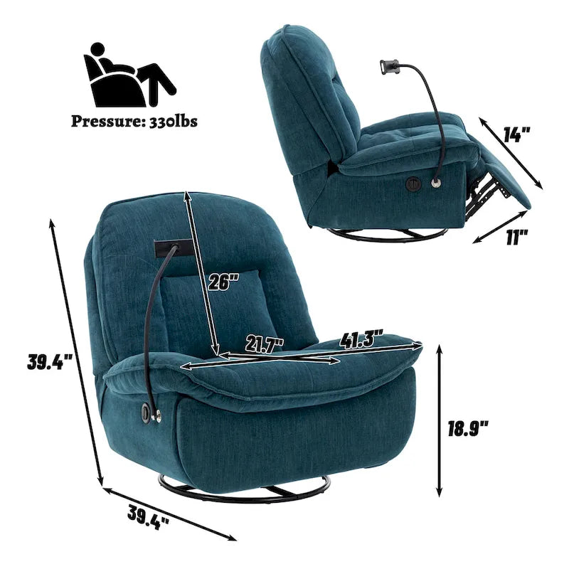 Brown/Blue/Beige/Green Chenille Swivel Power Recliner with Phone Holder, Single