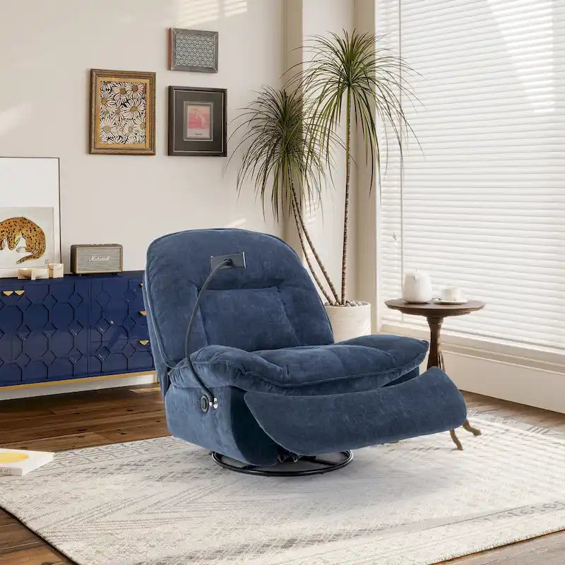 Brown/Blue/Beige/Green Chenille Swivel Power Recliner with Phone Holder, Single