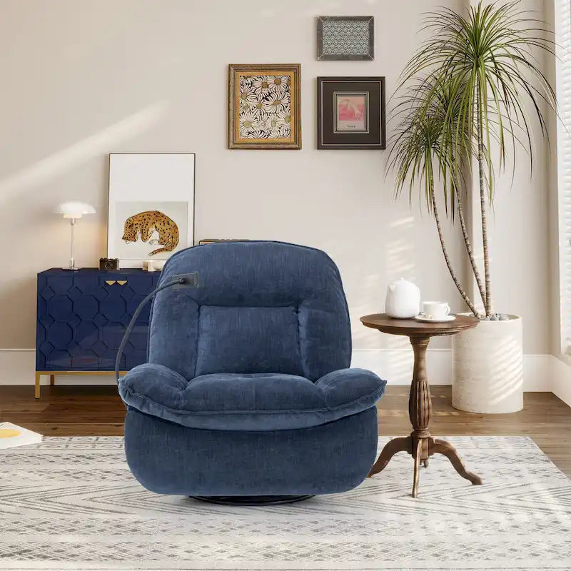 Brown/Blue/Beige/Green Chenille Swivel Power Recliner with Phone Holder, Single