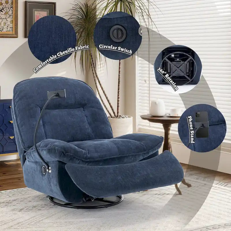 Brown/Blue/Beige/Green Chenille Swivel Power Recliner with Phone Holder, Single
