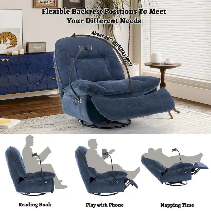 Brown/Blue/Beige/Green Chenille Swivel Power Recliner with Phone Holder, Single