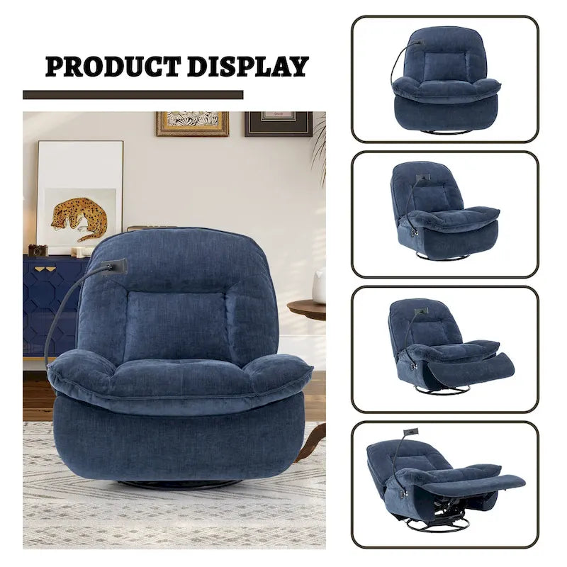 Brown/Blue/Beige/Green Chenille Swivel Power Recliner with Phone Holder, Single