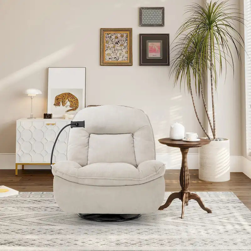 Brown/Blue/Beige/Green Chenille Swivel Power Recliner with Phone Holder, Single