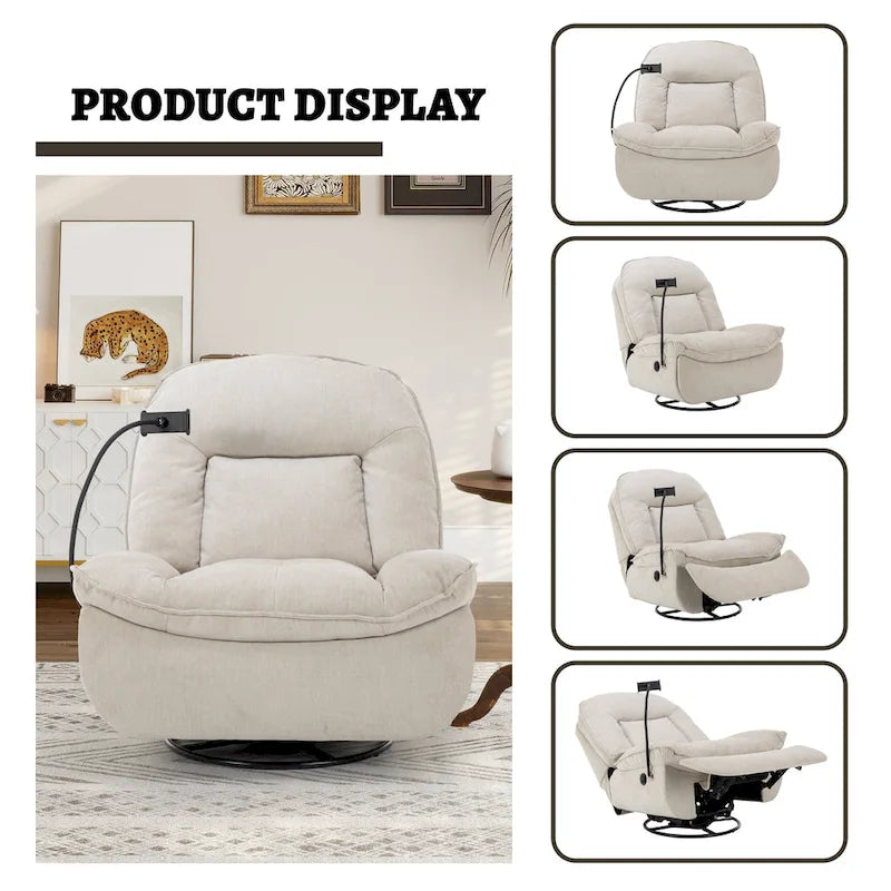 Brown/Blue/Beige/Green Chenille Swivel Power Recliner with Phone Holder, Single