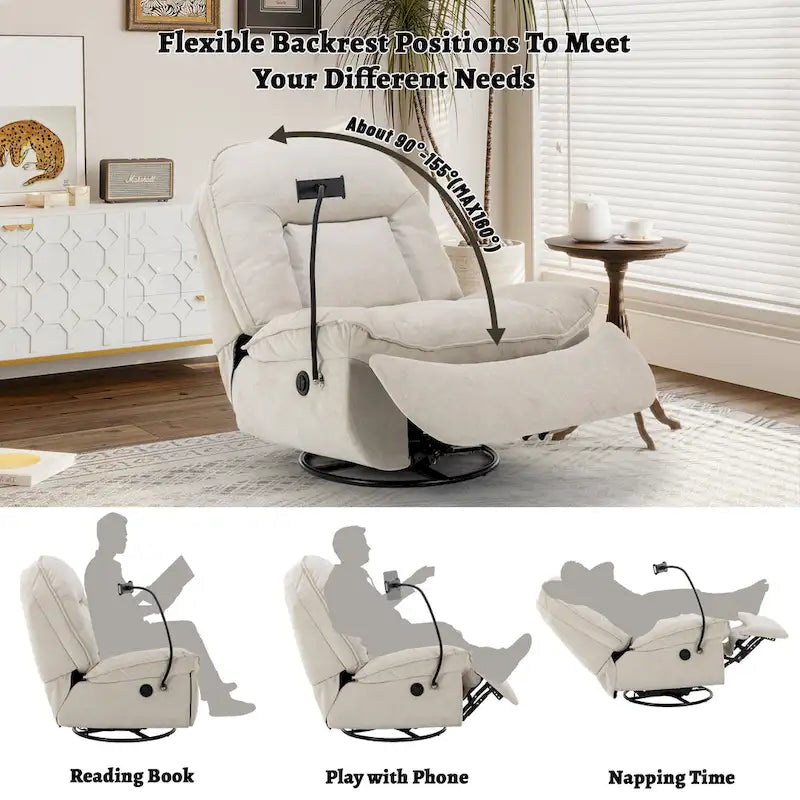 Brown/Blue/Beige/Green Chenille Swivel Power Recliner with Phone Holder, Single