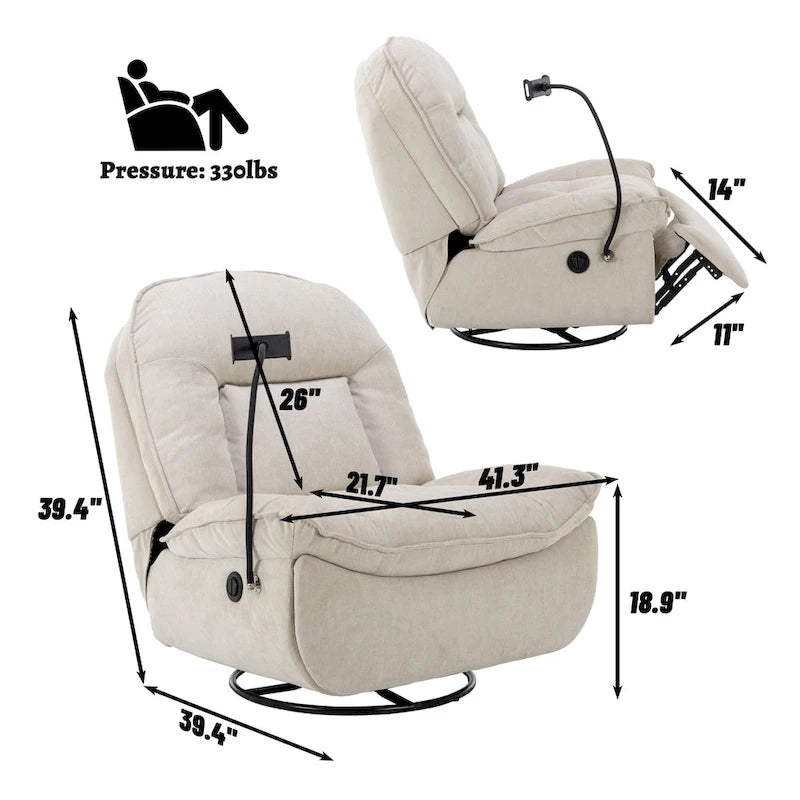 Brown/Blue/Beige/Green Chenille Swivel Power Recliner with Phone Holder, Single
