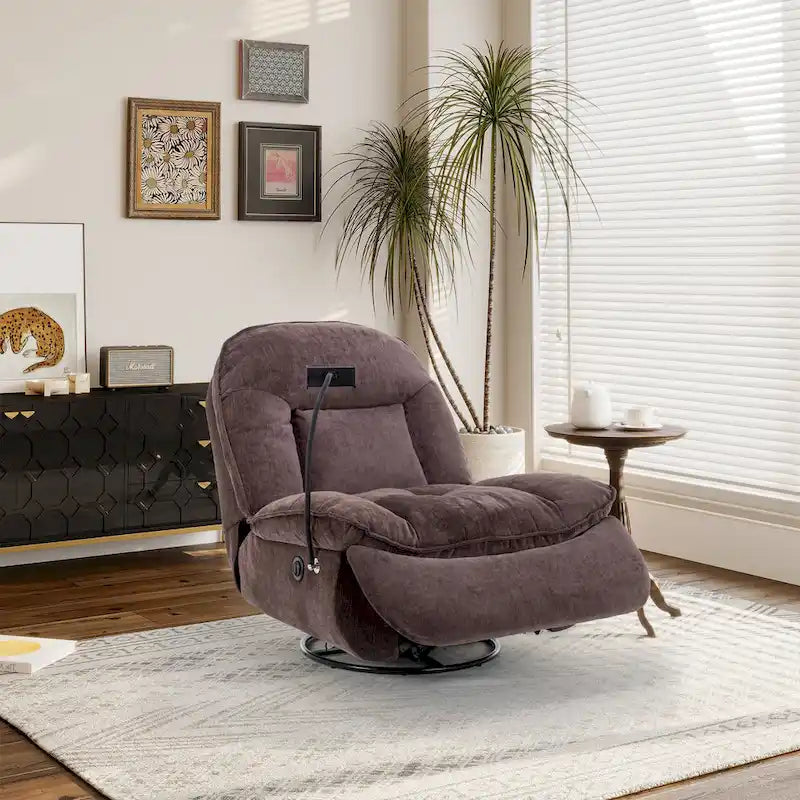 Brown/Blue/Beige/Green Chenille Swivel Power Recliner with Phone Holder, Single