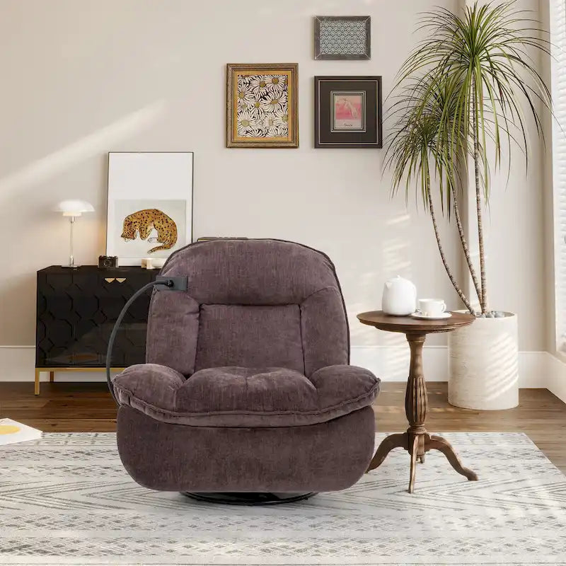Brown/Blue/Beige/Green Chenille Swivel Power Recliner with Phone Holder, Single