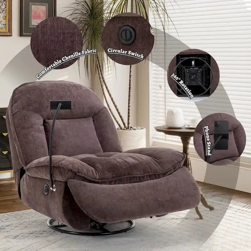 Brown/Blue/Beige/Green Chenille Swivel Power Recliner with Phone Holder, Single