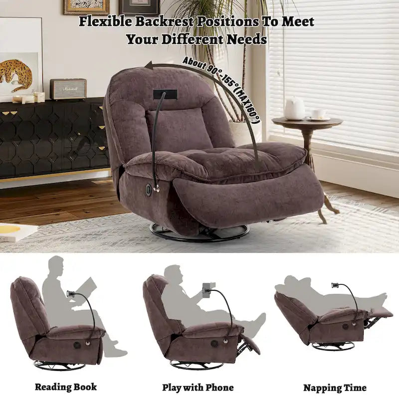 Brown/Blue/Beige/Green Chenille Swivel Power Recliner with Phone Holder, Single