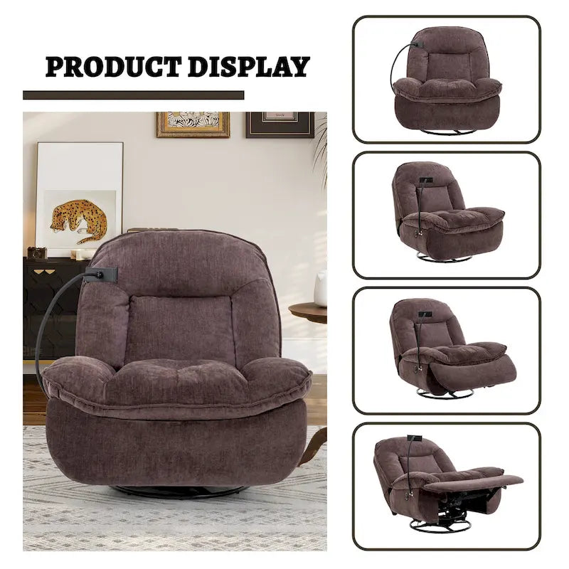 Brown/Blue/Beige/Green Chenille Swivel Power Recliner with Phone Holder, Single