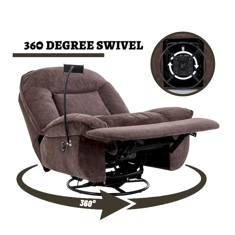 Brown/Blue/Beige/Green Chenille Swivel Power Recliner with Phone Holder, Single