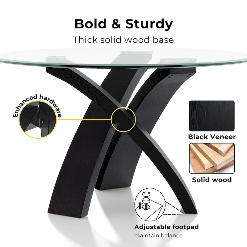 Black/Beige Contemporary Round Glass Dining Set, Seats 4