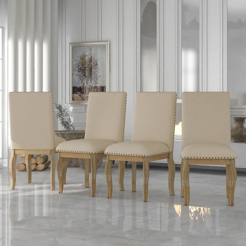 Beige High-Back Upholstered Dining Chair with Nailhead Trim, Set of 4