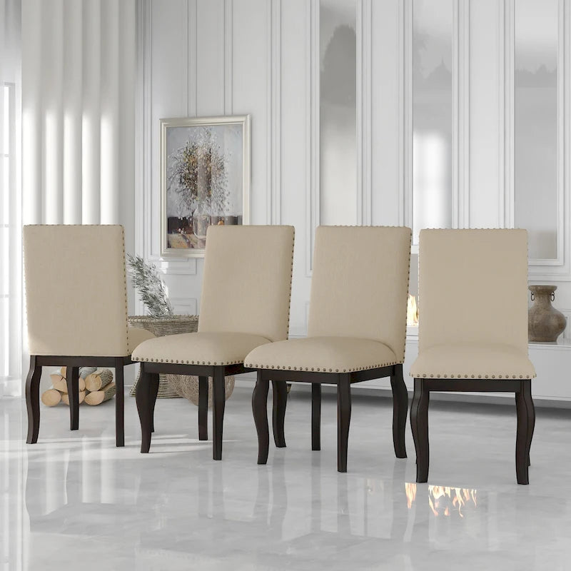 Beige High-Back Upholstered Dining Chair with Nailhead Trim, Set of 4
