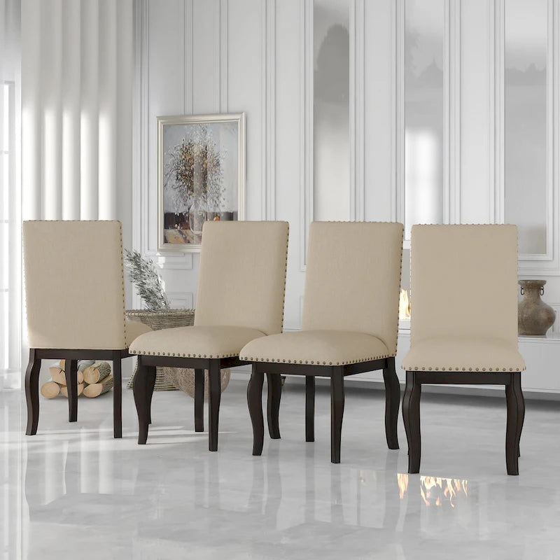 Beige High-Back Upholstered Dining Chair with Nailhead Trim, Set of 4