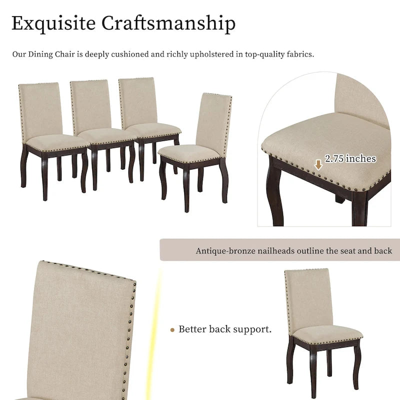 Beige High-Back Upholstered Dining Chair with Nailhead Trim, Set of 4