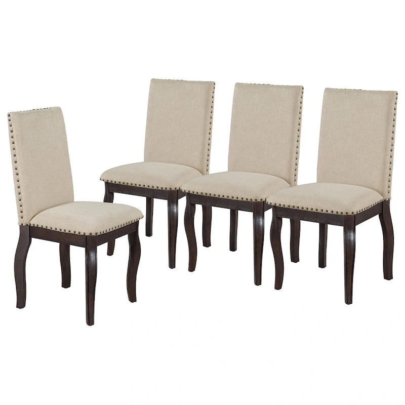 Beige High-Back Upholstered Dining Chair with Nailhead Trim, Set of 4