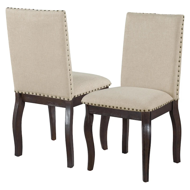 Beige High-Back Upholstered Dining Chair with Nailhead Trim, Set of 4