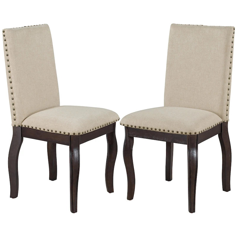 Beige High-Back Upholstered Dining Chair with Nailhead Trim, Set of 4