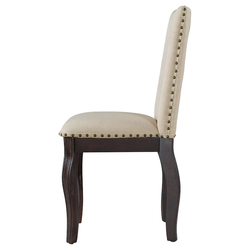 Beige High-Back Upholstered Dining Chair with Nailhead Trim, Set of 4