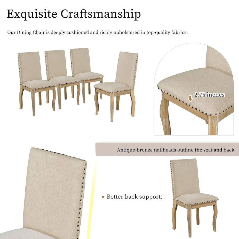 Beige High-Back Upholstered Dining Chair with Nailhead Trim, Set of 4