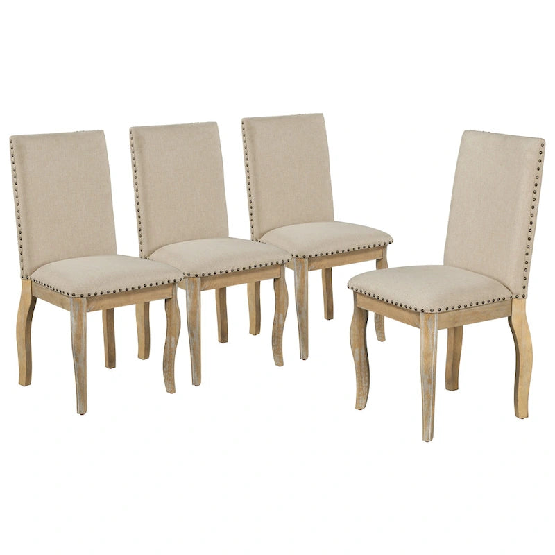 Beige High-Back Upholstered Dining Chair with Nailhead Trim, Set of 4