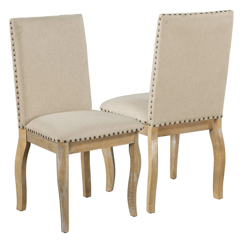 Beige High-Back Upholstered Dining Chair with Nailhead Trim, Set of 4